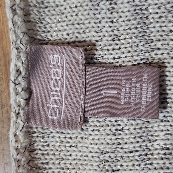 CHICO'S White Black Gold Space Dye Scoop Neck 3/4 Sleeve Tunic Sweater - S - Picture 2 of 10